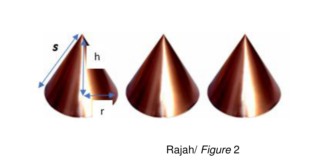 Figure 2: three copper cones, with height h, slant length s and base radius r labelled
