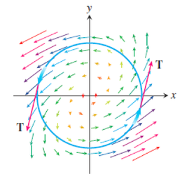 Figure 12.6: The vector field has a counter clockwise circulation of 2π around the unit circle.