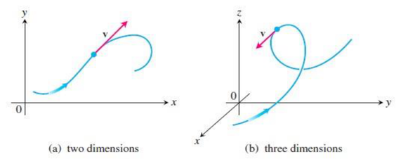 Fig 3.2: The velocity vector of a particle moving along a path (a) in the plane (b) in space